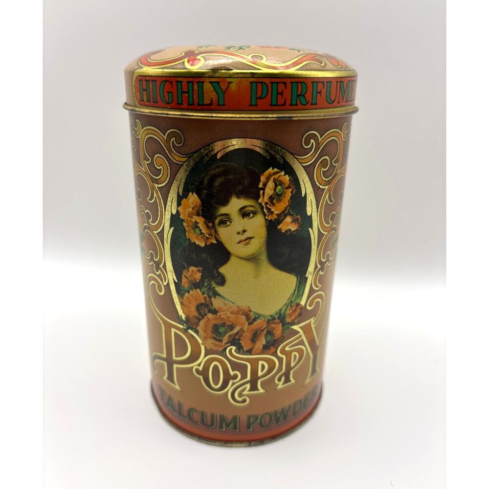 Vintage Poppy Talcum Powder Tin Made in England Art Nouveau Style Vanity Tin